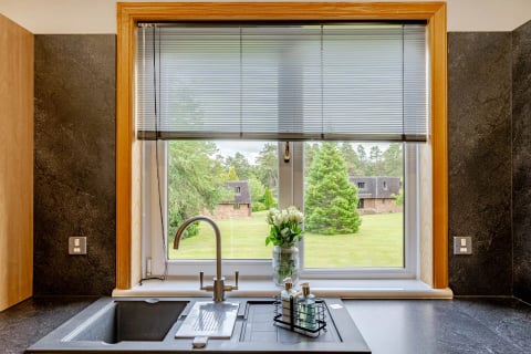 Kitchen sink with fresh flowers and green outlook
