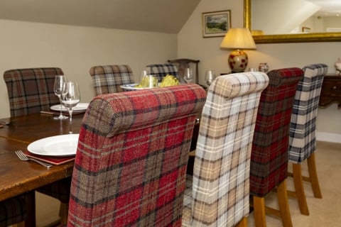 Red and grey plaid dining chairs around the table