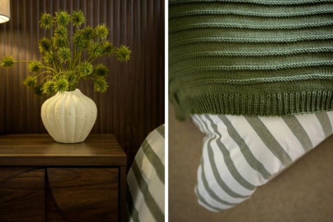 Textural details - knitted throw and slatted headboard