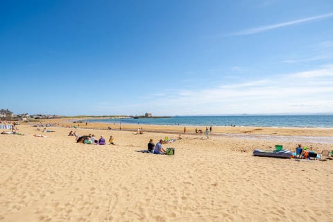 Families on Elie beach in summer