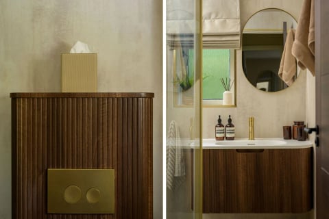 Shower room with walnut column and gold flush plate