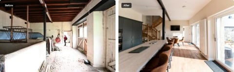 Before and after - the old byre transformed into the new kitchen