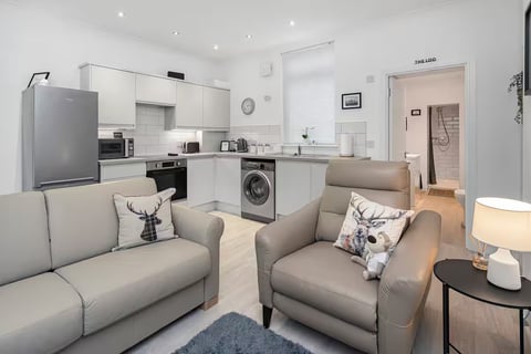 Living area with two recliner armchairs and stag cushions