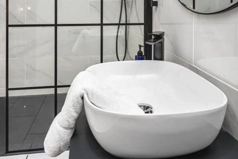 Countertop basin beside the crittall shower screen