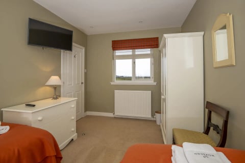 Bedroom with TV, wardrobe and roman blind
