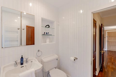Bathroom alcove with basin, WC and glass shelves