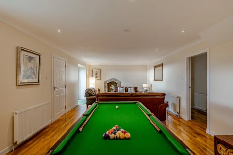 Games room with pool table and leather sofas