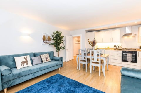 Open-plan living space with teal sofas and dining table