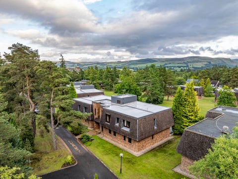 Aerial view over the Gleneagles estate towards the hills