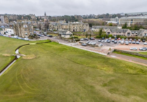 View over the Old Course towards the historic skyline of St Andrews