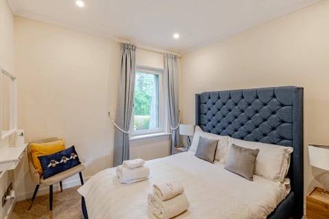 Blue buttoned bed with silver cushions