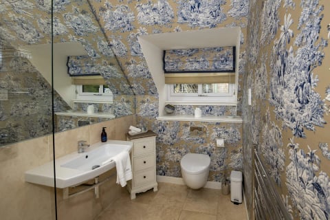 Toile-papered bathroom with basin and WC