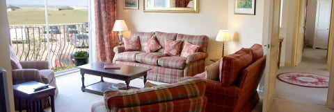 Pink plaid sofas with toile cushions in the snug