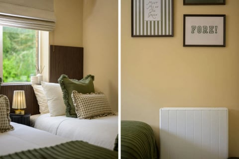 Sage green cushions on the guest bed