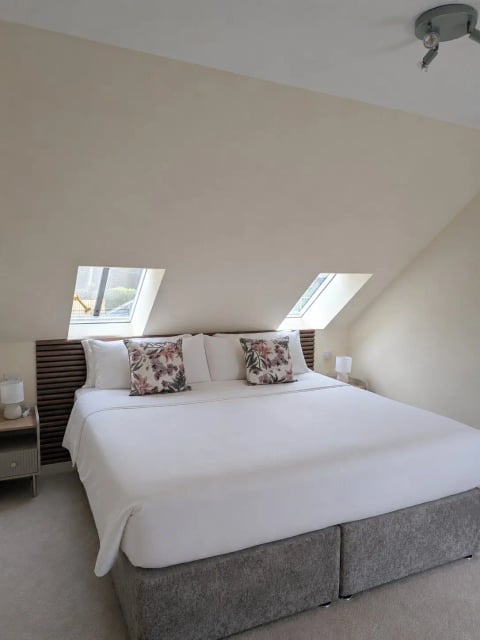 Attic king bedroom with twin skylights