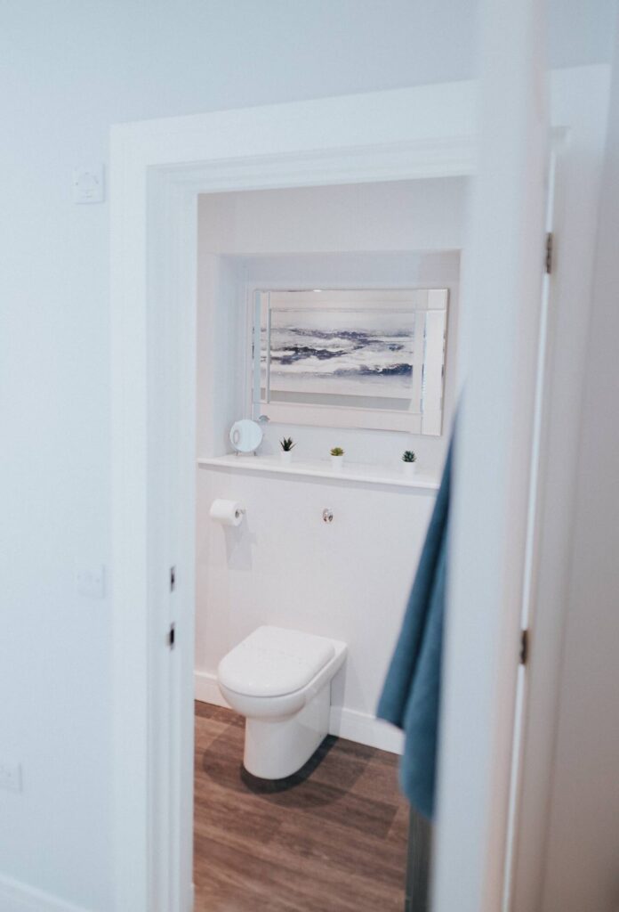 Modern bathroom with white walls, toilet, ocean-themed artwork, and wooden flooring.