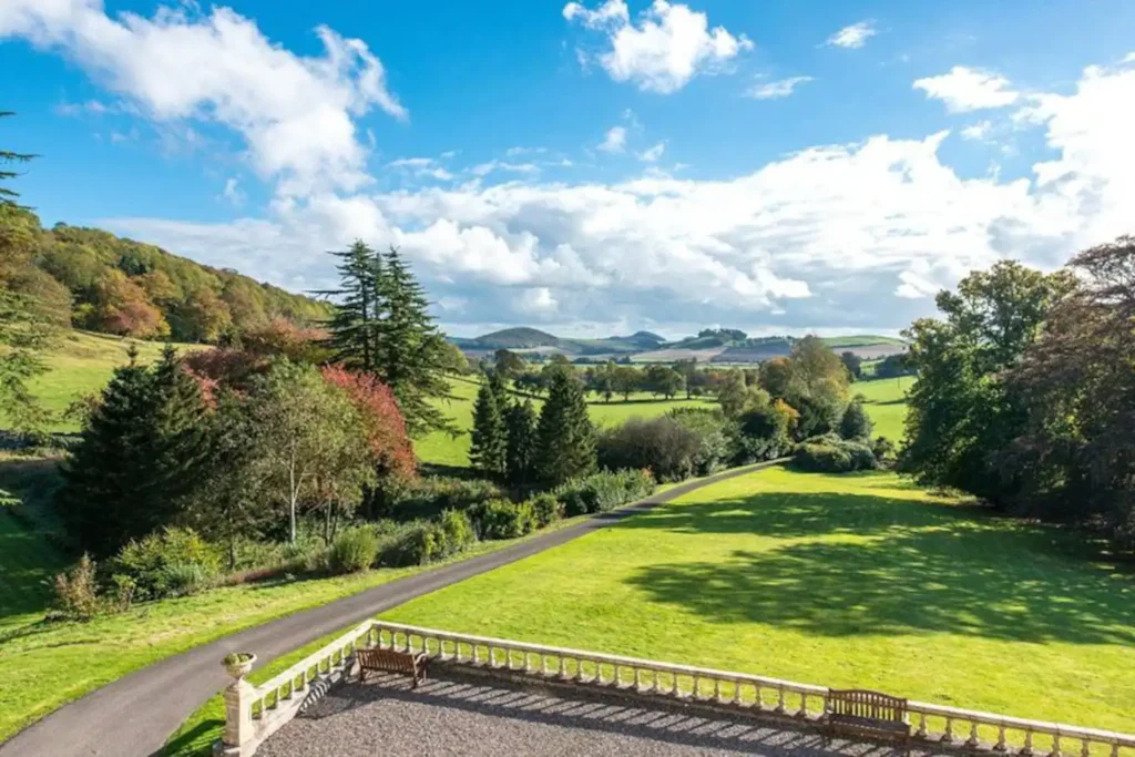 Scenic countryside view with lush green fields, trees, and a bright blue sky with clouds.