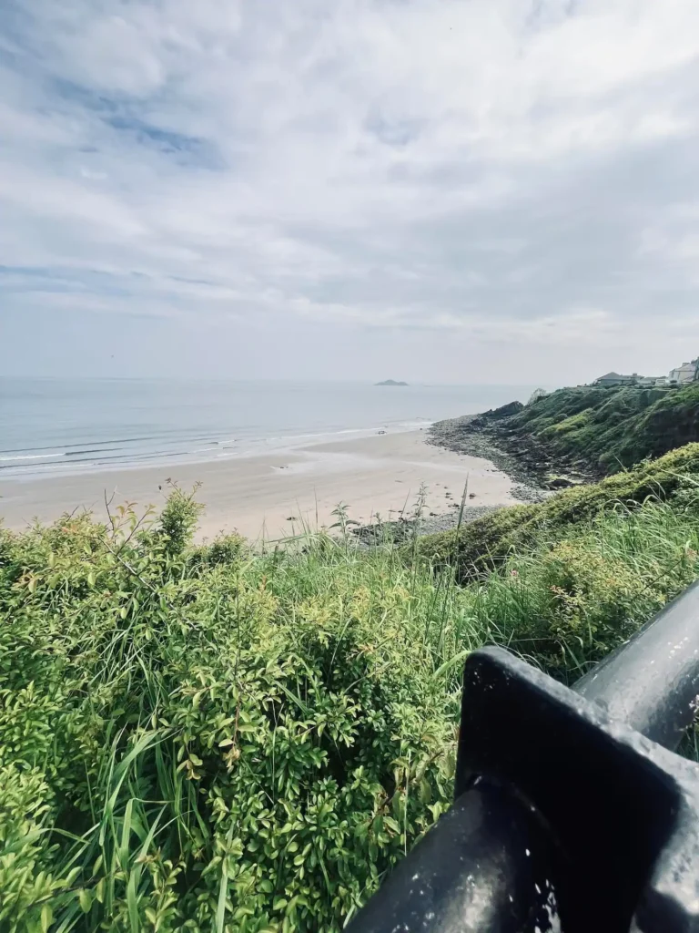 Coastal view of a sandy beach with lush greenery and a cloudy sky, ideal for a serene seaside escape.